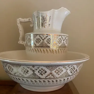Gold and White Wash Basin w/Pitcher