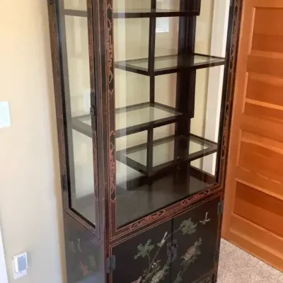 Black Lacquer Chinoiserie Staggered Vitrine Cabinet 