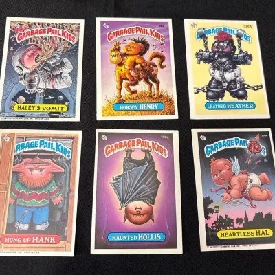 80s Topps Garbage Pail Kids Cards - Haley’s Vomit, Horsey Henry, Leather Heather, Hank, Hollis, Hal