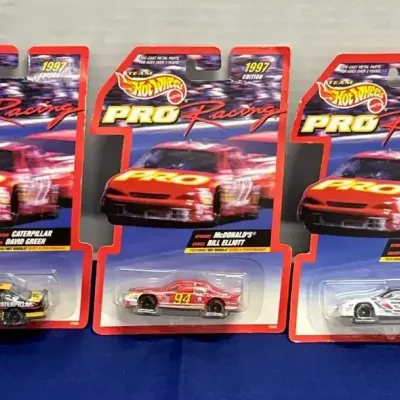 1997 Pro Racing Hot Wheels Die Cast Cars - Caterpillar, Green, McDonalds, Elliott, Valvoline, Martin