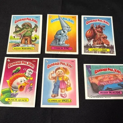 80s Topps Garbage Pail Kids Cards - Marshy Marshall, Thick Vic, Liberty Libby, Mack, Angela, Maude
