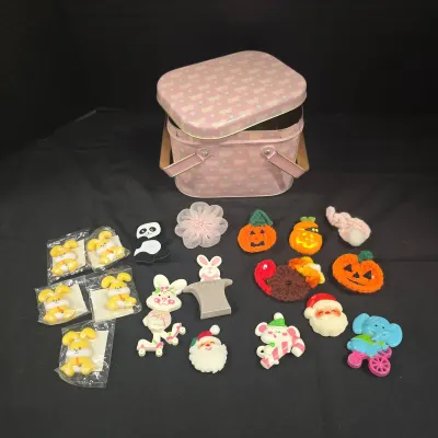 Vintage Pins & Pink Pig Tin With Handles - Avon, Santa, Bunny, Elephant, Pumpkin, Bear