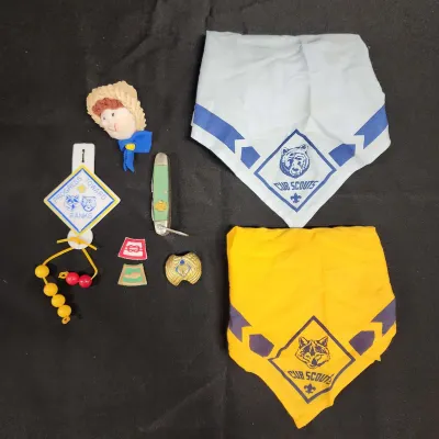 Vtg Cub & Boy Scouts Of America - 2 Cub Neckerchiefs, 2 Patches, Pocket Knife, Beads, Slide