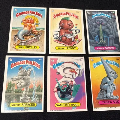 80s Topps Garbage Pail Kids Cards - Fishy Phyllis, Pinned Penny, Slimin Simon, Spencer, Walter, Vic