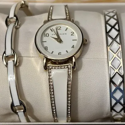 Anne Klein Swarovski Crystal Accented Gold-Tone Bangle Watch and Bracelet Set
