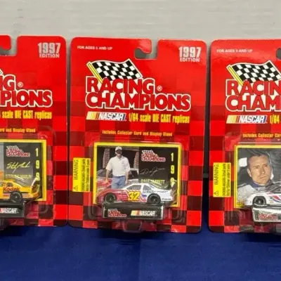 3 Racing Champions Die Cast Cars - 1997, NASCAR, Collector Card, Martin, Jarrett, Marlin, Unopened