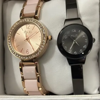 2 Women’s Folio Watches - Rose Gold Pink Rhinestone + Black Cuff 