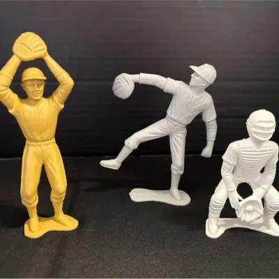 Vintage Plastic Baseball Figurines - Catcher, Pitcher, Fielder, White & Tan