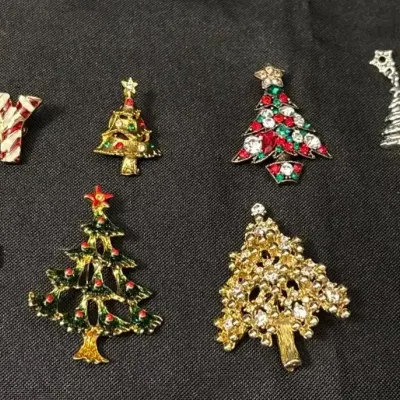 Vintage Holiday Brooch Pins - Joy, Candy Cane, Christmas Trees, Believe Snowman, Festive, Blingy