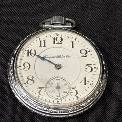 Vintage Hampden Watch Co. Open Face Pocket Watch - Detailed Decorative Bezel, Rope Border