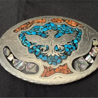 Vintage Native American Peyote Bird Belt Buckle - Turquoise Coral Inlay, Signed D