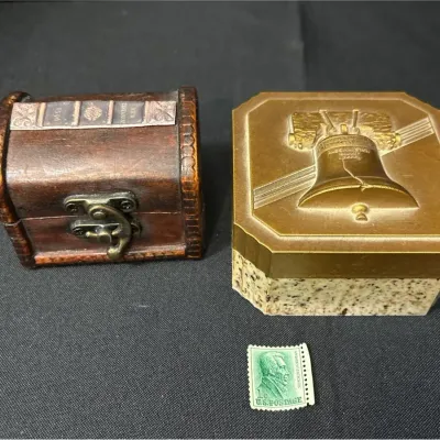 Vintage Americana - Hickok 1950s Liberty Bell Plastic Trinket Box, Mini Chest & 1 Cent Stamp