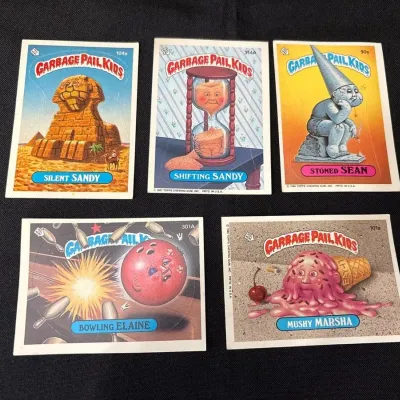80s Topps Garbage Pail Kids Cards - Silent & Shifting Sandy, Stoned Sean, Bowling Elaine, Marsha