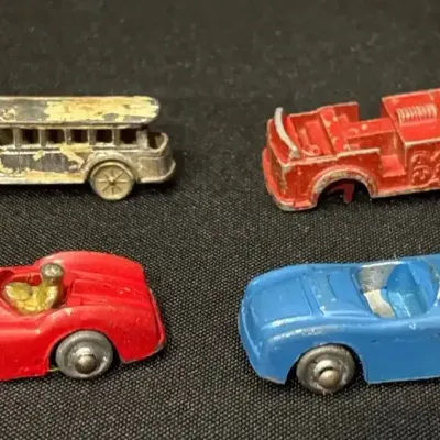Vintage Diecast Metal Toy Cars - Midget Sprint Racer, Coupe, Bus, Midgetoy Fire Engine
