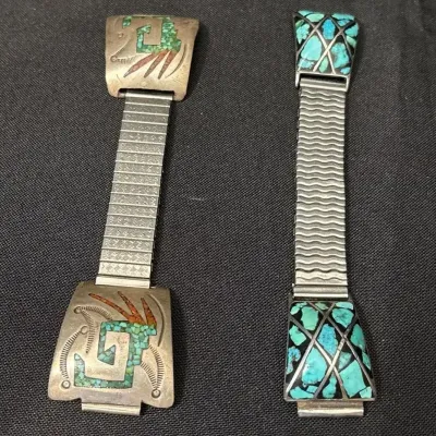 2 Vintage Native American Watchbands - DJN, Zuni, GP, Turquoise Inlay, Mosaic, Southwestern