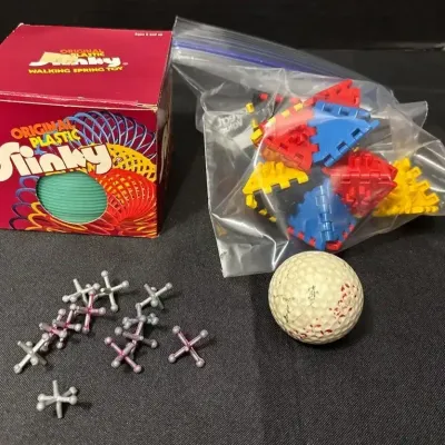 Retro 80s Toys - Original Plastic Slinky w Box, Zaks Building Blocks, Metal Jacks, Golf Ball