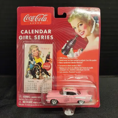 Vtg Coca-Cola Girl Series Diecast 57 Pink Chevy Bel Air, Johnny Lightning, Calendar Card
