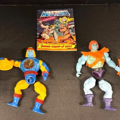 VTG Masters of the Universe Sy-Klone & Faker w Weapons + Mini Comic - Broken, MOTU, Mattel, He-Man