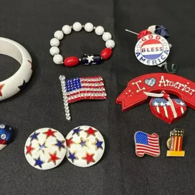 Patriotic Jewelry - American Flag Pins, Bangle Bracelet, Beaded Bracelet, Earrings, Red White Blue