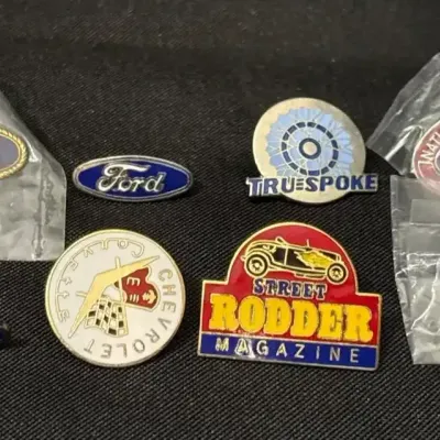 8 Vintage Auto Pins - Ford, Chevrolet Corvette, NHRA, Street Rodder, Tru Spoke, Champion Spark Plugs