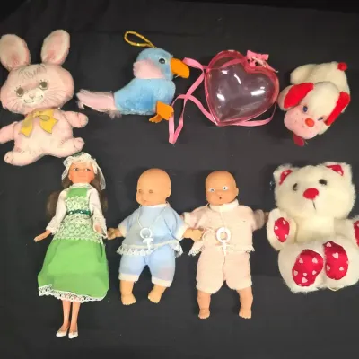 Vintage Small Baby Dolls & Stuffed Animals - Bear, Dog, Bunny, Parrot