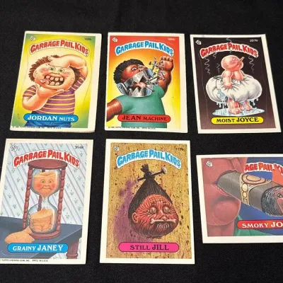 80s Topps Garbage Pail Kids Cards - Jordan Nuts, Jean Machine, Joyce, Grainy Janey, Jill, Smoky Joe