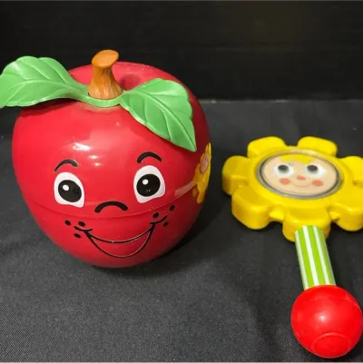 Vintage 1970s Fisher Price - Happy Apple Chime Toy & Flower Baby Rattle 424