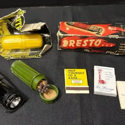 VTG Survival Novelty - Presto Brass Fire Extinguisher, Saunders Snake Bite Kit, Maglite, Matchbooks