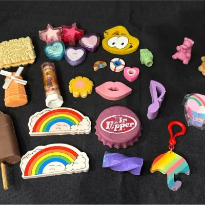 VTG Novelty Erasers - Dr Pepper, Victoria Plum Lipstick, Rainbow, Hippo, Bear, Music Note, Hearts