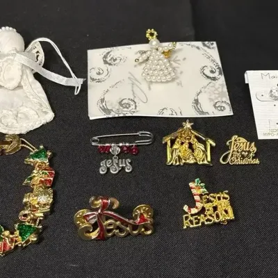 Holiday Jewelry - Christmas Bracelet, Jesus Pins, Pumpkin & CZ Stud Earrings, Angel Pins