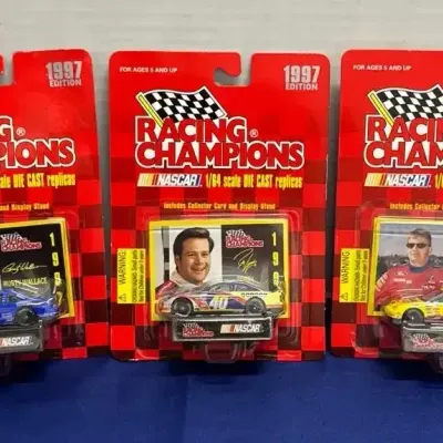 New 1997 Die Cast Racing Champions Cars - NASCAR, Wallace, Gordon, Burton, Collector Card, Display