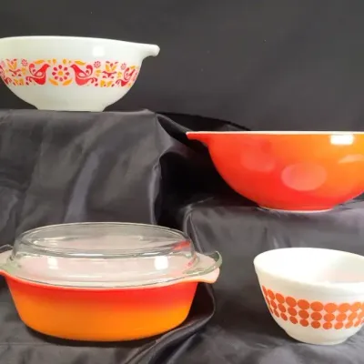 Prime Pickins - Pyrex Mixing Bowls and Fire King Casserole Dish In Vibrant Orange Tones