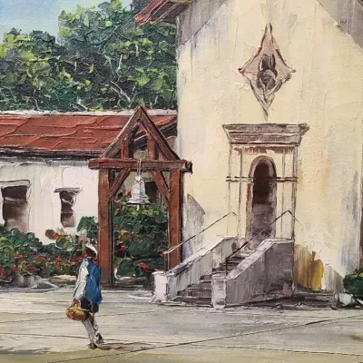 Singed Spanish Colonial Mission Church Oil Painting