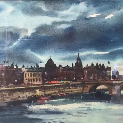 Signed Watercolor Featuring A Waterfront Cityscape Bustling Beneath A Dark, Dramatic Sky