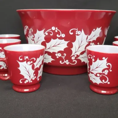 Retro Red Punch Bowl and Mugs