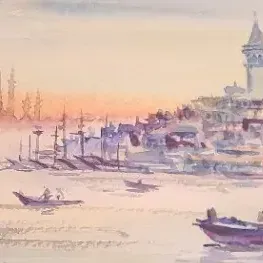 Signed Bayram Muz "Istanbul Skyline, Featuring the Galata Tower and Mosques"