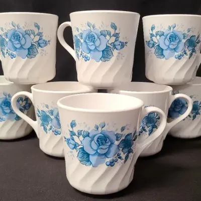Corning-Ware 8 Blue Rose Theme Ceramic Mugs