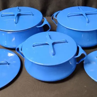 Dansk International Trio Of Blue Købenstyle Enameled Cookware Designed By Jens Quistgaard