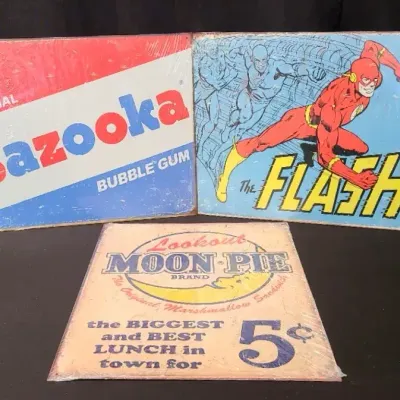 Chews Your Favorite - Bazooka Bubble Gum, Moon Pie, & Flash Superhero Vintage Style Metal Posters