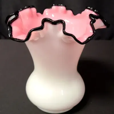 Fenton Style Black Rose Pink & White Milk Glass Ruffled Vase 