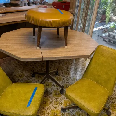 Retro Formica Dinette Set Octagon Table 2 Swivel Chairs Matching Stool