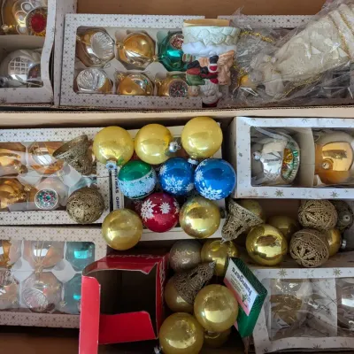 Vintage Mid-Century Blown Glass Christmas Ornament Collection with Original Boxes & Tree Topper