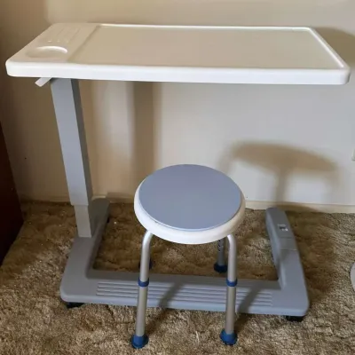 Carex Overbed Table (P567-00) & Adjustable Height Medical Shower Stool Lot
