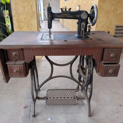 Antique Treadle Sewing Machine Cabinet – "Improved Courier Journal" & Wooden Bentwood Cover