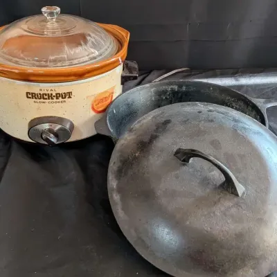 Vintage Rival Crock-Pot & Cast Iron Skillet Lot