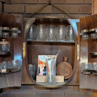 Vintage Barrel Wall Bar Cabinet Set Glassware Cocktail Accessories Complete