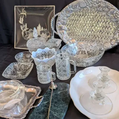 Vintage Glass Serveware Lot Opalescent Bowl Lenox Marble Tray Silver Plate