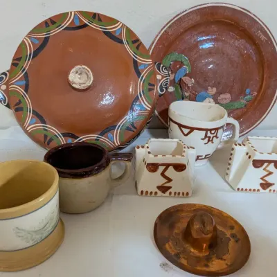 Mexican Redware Pottery Lot Covered Casserole Hand Painted Plate Set
