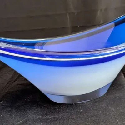 Vintage Sommerso Art Glass Bowl Cobalt Blue White Cased Boat-Shape Signed