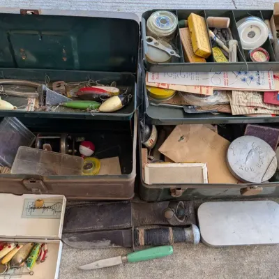 Vintage Fishing Tackle Collection with Metal Tackle Boxes, Wooden Lures & U.S.N. MK 1 Knife